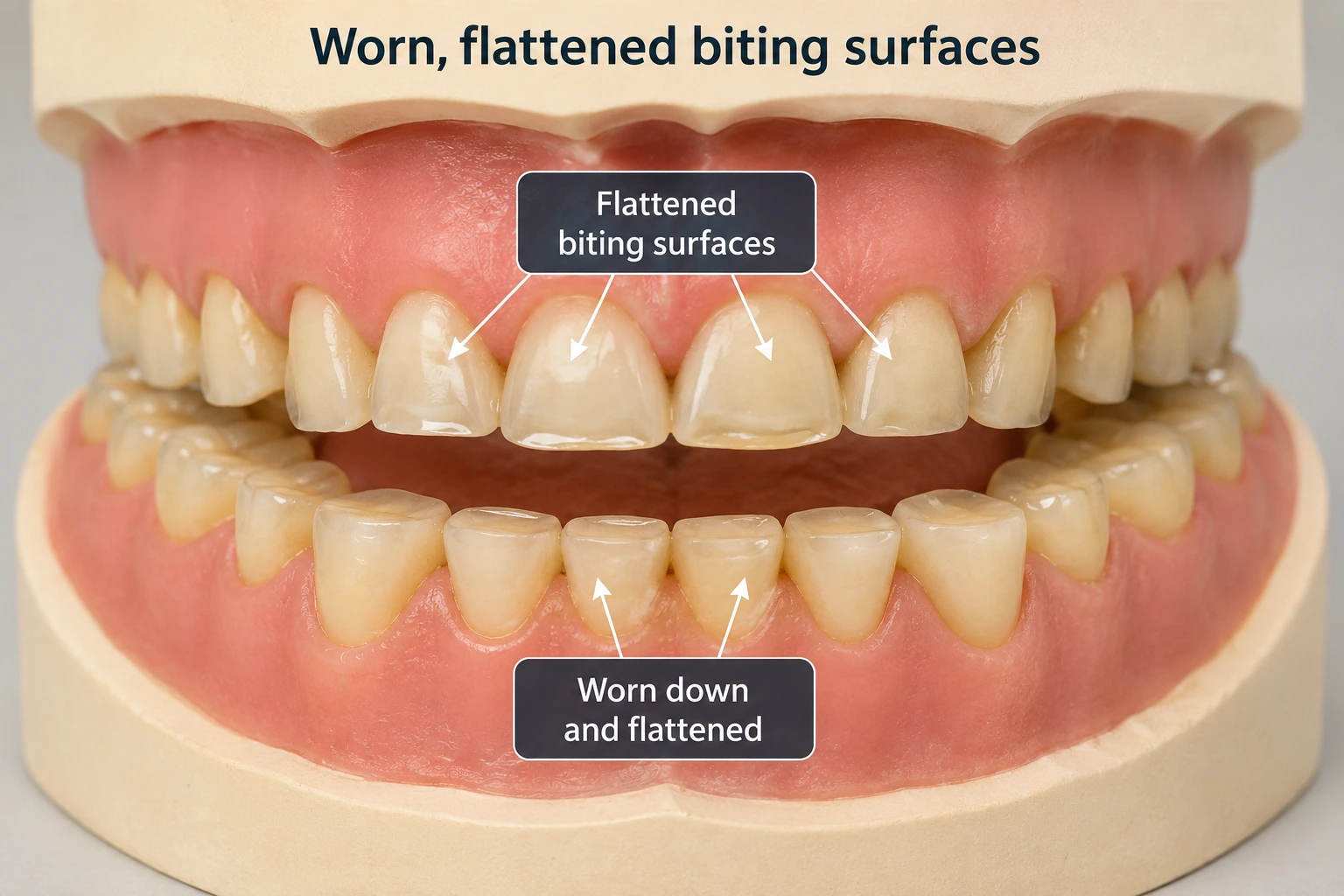 Tooth wear from grinding shown on a model in Winmalee